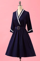 Marineblau Patchwork V-Ausschnitt Lässiges Wickelkleid